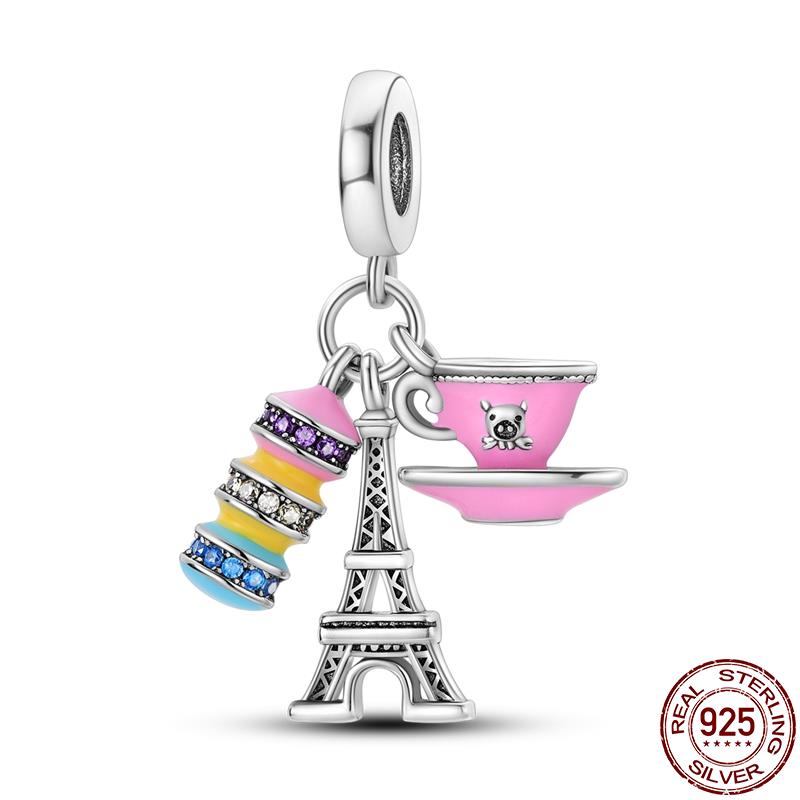 925 Sterling Silver Enamel Tea & Macaroons in Paris Dangle Charm