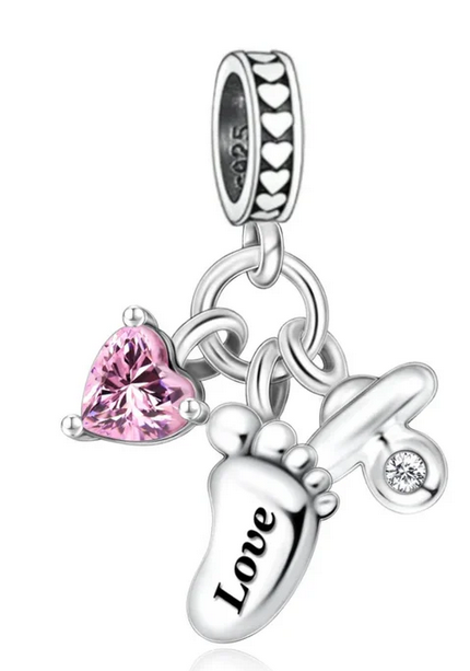 925 Sterling Silver Baby Girl Pacifier and Foot Dangle Charm