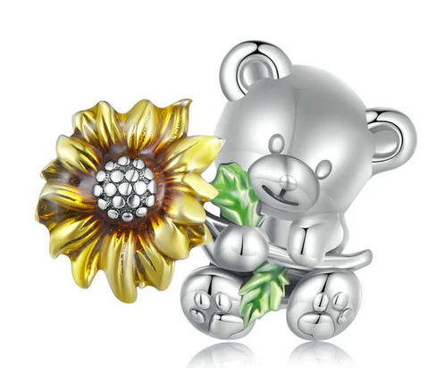 925 Sterling Silver Bear with Sunflower Charm