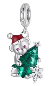 925 Sterling Silver Xmas Bear with Tree Dangle Charm