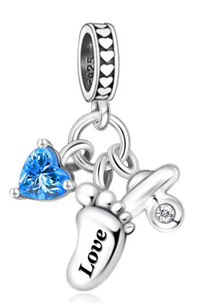 925 Sterling Silver Baby Boy Pacifier and Foot Dangle Charm