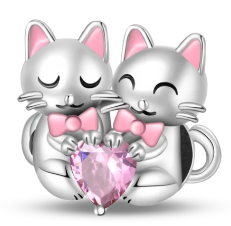 925 Sterling Silver Cat Couple Heart Charm