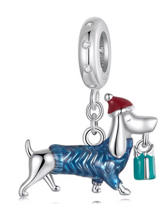 925 Sterling Silver Xmas Dog with Gift Dangle Charm