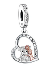 925 Sterling Silver Highland Cow & Girl Dangle Charm