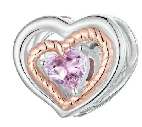 925 Sterling Silver Rose Gold Plated Heart CZ Charm