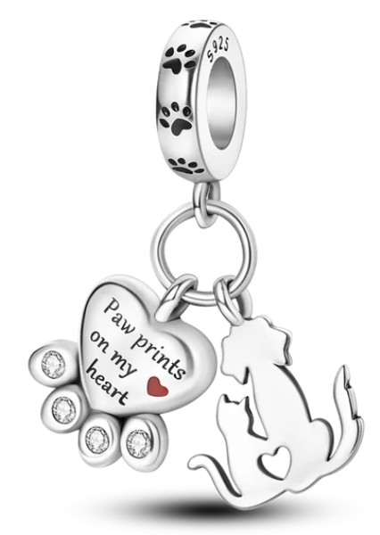 925 Sterling Silver Paw Prints in My Heart Dangle Charm