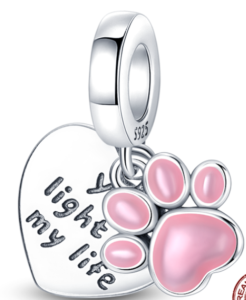 925 Sterling Silver Paw Heart Dangle Charm