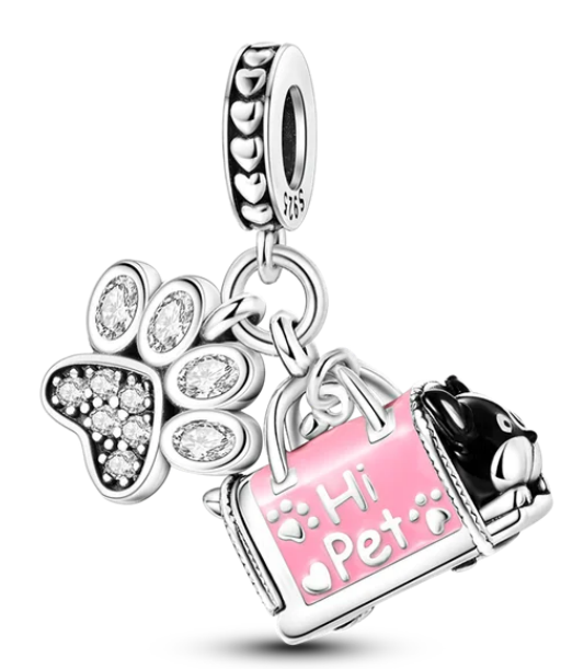 925 Sterling Silver Dog in Hand Bag Dangle Charm