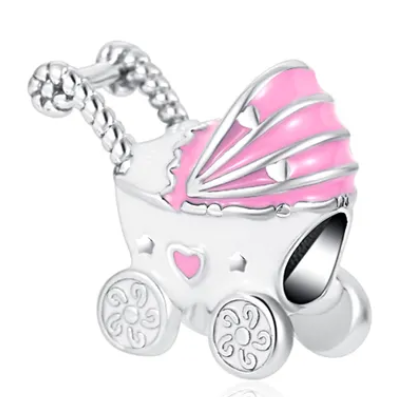 925 Sterling Silver Pink Enamel Pram Charm