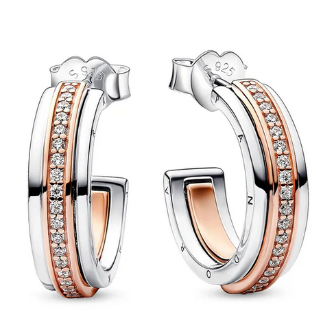 925 Sterling Silver Two Tone Pave Hoop Earrings