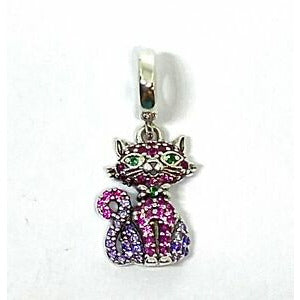 925 Sterling Silver Pink Diamond Cat Dangle Charm