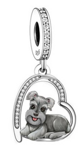 925 Sterling Silver Schnauzer Dog Heart Dangle Charm