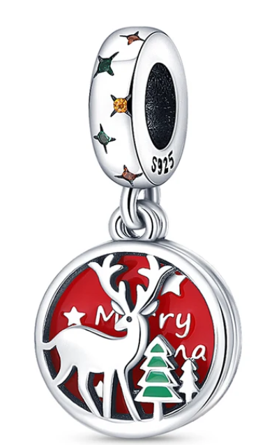 925 Sterling Silver Merry Christmas Deer Dangle Charm