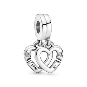 925 Sterling Silver Sister & Sis Heart Set Dangle Charm