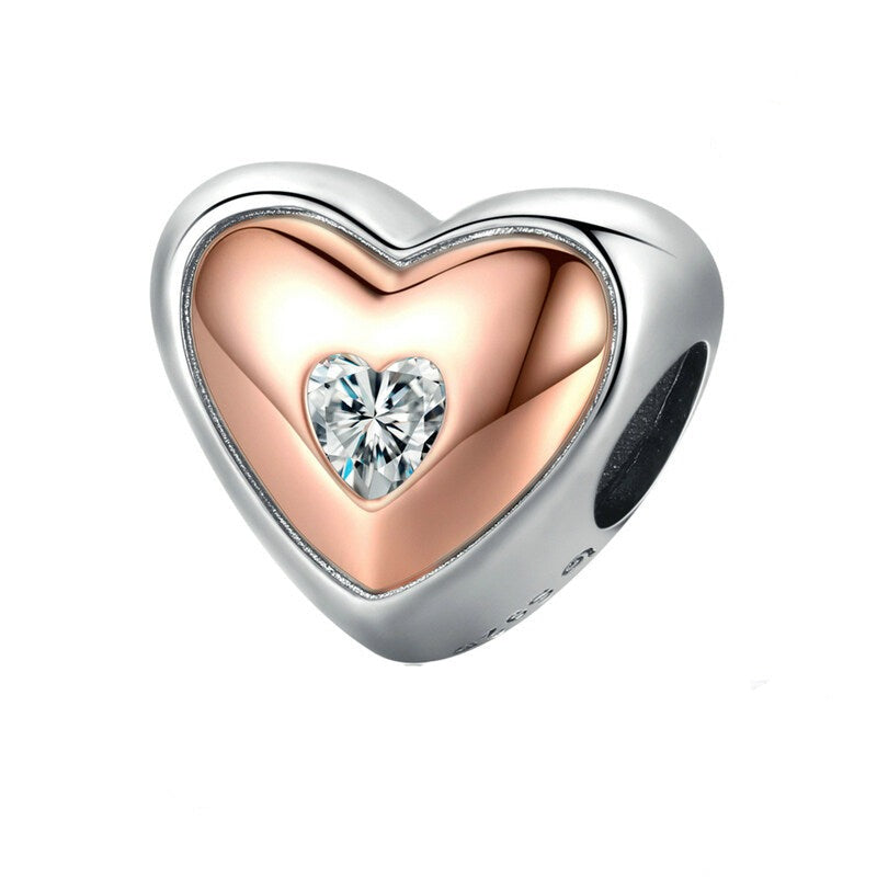 925 Sterling Silver Heart With Rose Gold Clear CZ Bead Charm