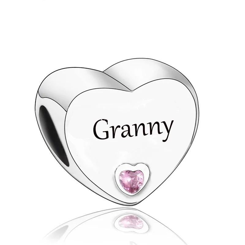 925 Sterling Silver Pink CZ Granny Engraved Heart Bead Charm