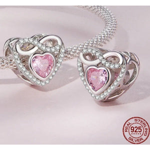 925 Sterling Silver Pink CZ Infinity Heart Bead Charm