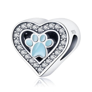 925 Sterling Silver Blue Enamel Paw Print in my Heart Bead Charm