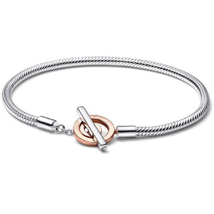 925 Sterling Silver Two-Tone Rose Gold PLATED Round T-Bar Clasp Snake Bracelet