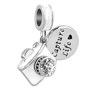 925 Sterling Silver Capture Life White Enamel CZ Camera Dangle Charm