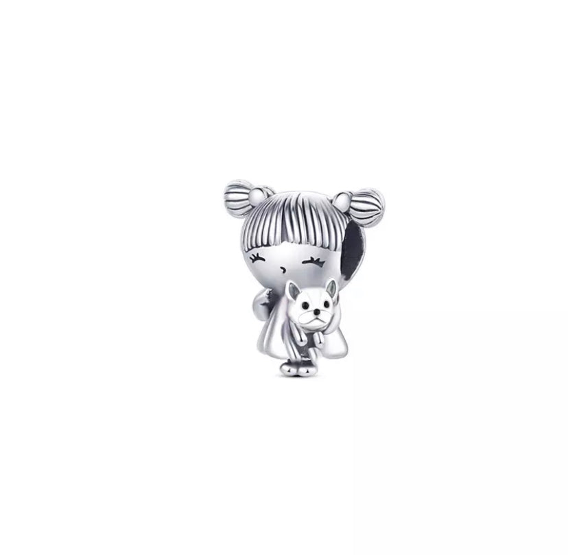 925 Sterling Silver Little Girl with dog Charm