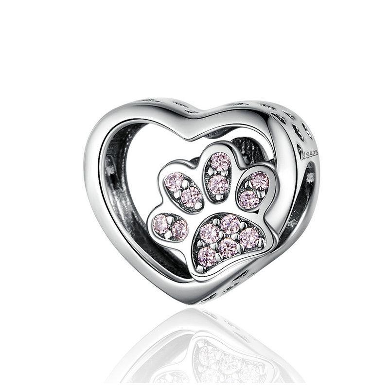 925 Sterling Silver Paw print in my Heart Charm