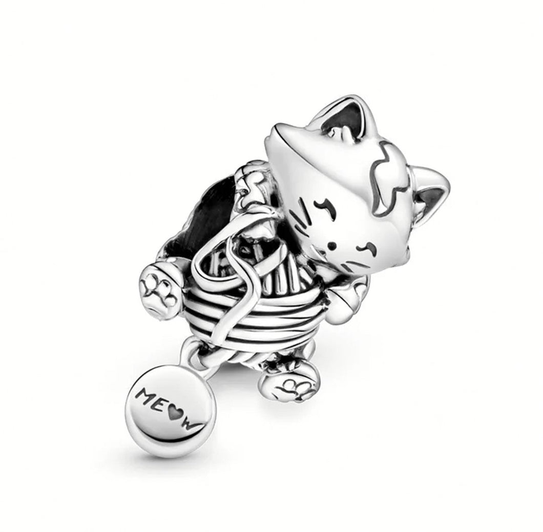 925 Sterling Silver Cute Cat with Wool Bead Charm