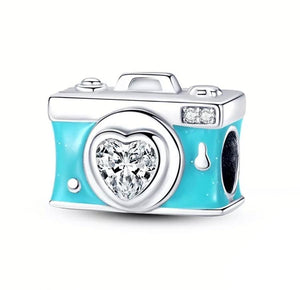 925 Sterling Silver Blue Enamel Camera Bead Charm