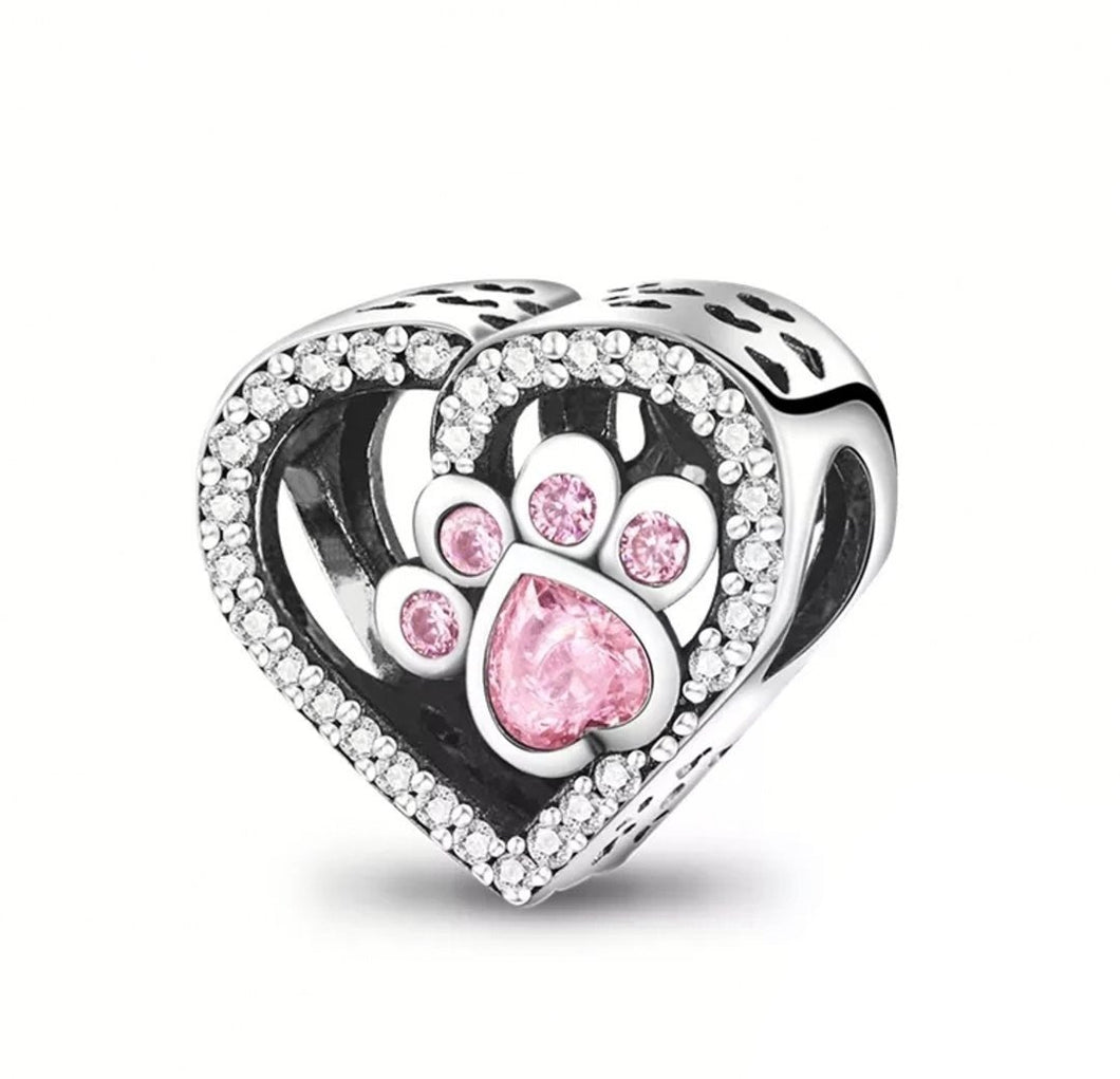 925 Sterling Silver Pink Paw Print Bead Charm