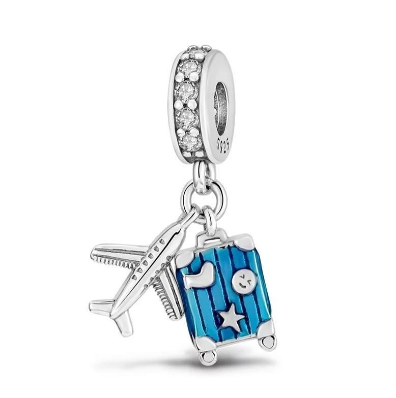 925 Sterling Silver Enamel Travel Suitcase & Airplane Dangle Charm