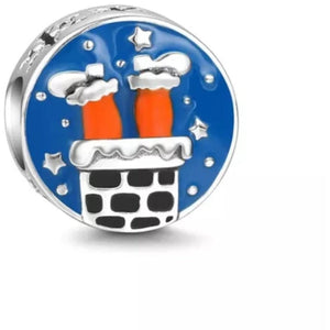 925 Sterling Silver Christmas Santa Claus Down Chimney Enamel Bead Charm