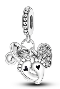 925 Sterling Silver Baby Feet Heart Dangle Charm