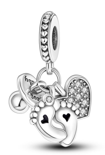 925 Sterling Silver Baby Feet Heart Dangle Charm