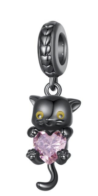 925 Sterling Silver Cute Kitty with Heart Charm