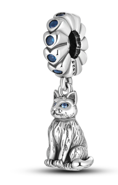 925 Sterling Silver Blue Cat Dangle Charm