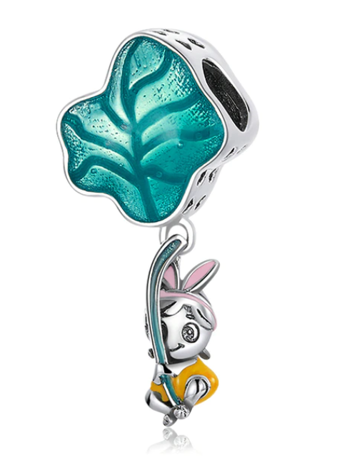 925 Sterling Silver Bunny with Green Leaf Dangle Charm