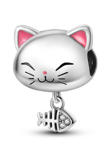 925 Sterling Silver Cute Cat with Fish Charm