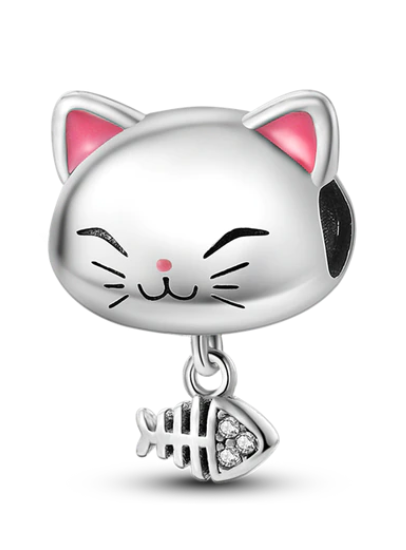 925 Sterling Silver Cute Cat with Fish Charm