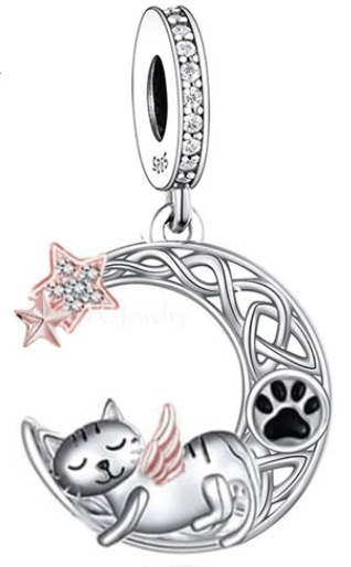 925 Sterling Silver Cat with wing Dangle Charm