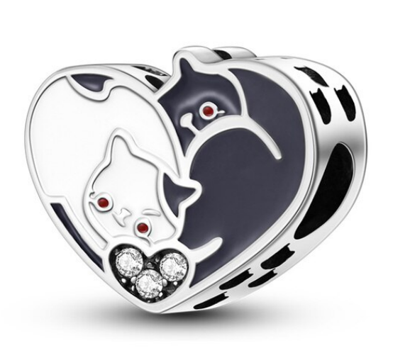 925 Sterling Silver Cat Heart Bead Charm