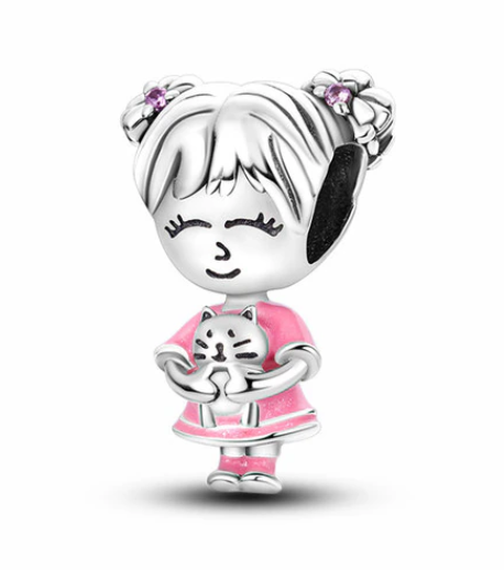 925 Sterling Silver Girl with Kitty Charm