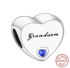 925 Sterling Silver Blue CZ Grandson Engraved Heart Charm