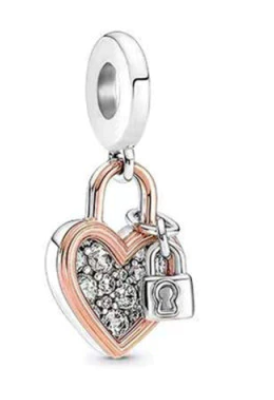 925 Sterling Silver & Rose Gold Heart & Lock Dangle Charm