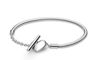 925 Sterling Silver Snake T-Bar Heart Bracelet