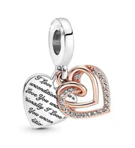 925 Sterling Silver & Rose Gold I Love You Heart Dangle Charm