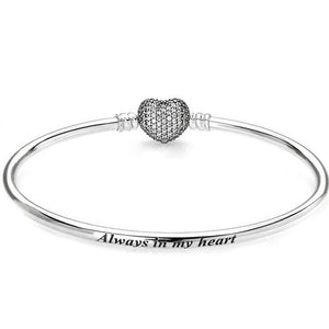 925 Sterling Silver CZ Heart Clasp "Always in my Heart" Bangle