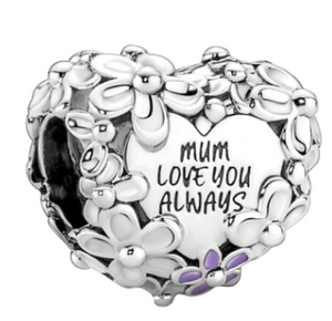 925 Sterling Silver Flower "Mum" Heart Charm