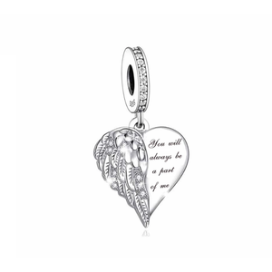 925 Sterling Silver Angel Wing Heart "You Will Always be a part of Me" Dangle Charm