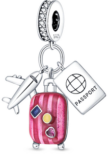 925 Sterling Silver Pink Travel Bag,Plane & Passport Dangle Charm