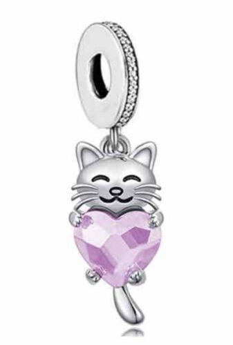 925 Sterling Silver Kitten Pink CZ Heart Dangle Charm